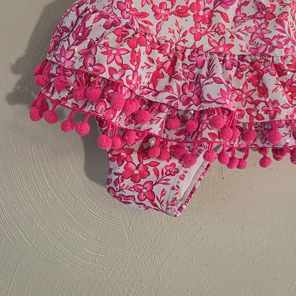 Nicole Miller Girls Floral Ruffle Pom Pom One Piece Swimsuit Sz 6 Preppy Boho